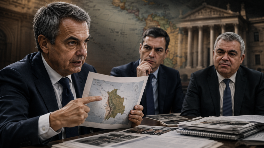 José Luis Rodríguez Zapatero junto a Pedro Sánchez y Santos Cerdán en una recreación editorial sobre la investigación de contactos y reuniones vinculadas a Bolivia