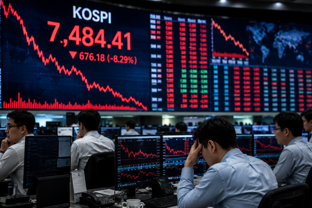 Operadores financieros observan el desplome del índice KOSPI durante una jornada de fuertes pérdidas en la Bolsa de Corea del Sur