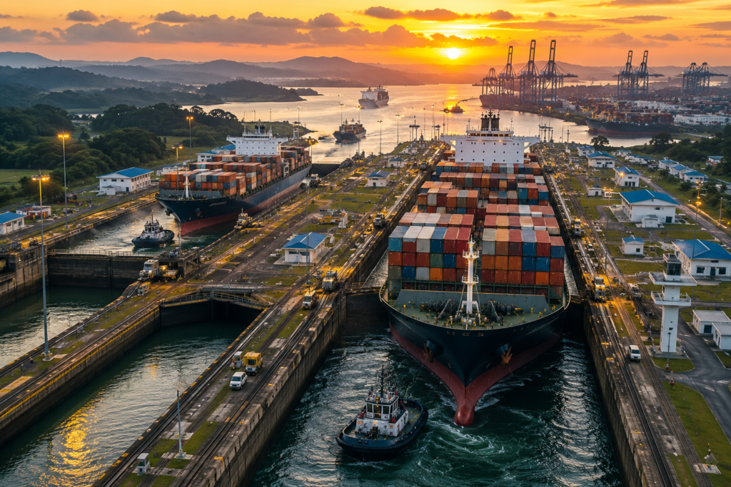 Canal de Panamá con portacontenedores atravesando las esclusas durante el aumento del tráfico marítimo en 2026