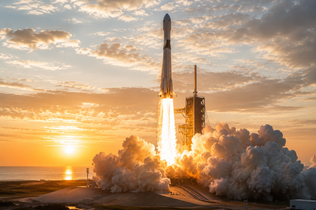 Cohete de SpaceX despegando durante el crecimiento de la industria espacial y la salida a bolsa de la compañía