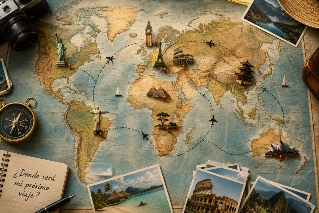 Mapa mundial con monumentos, rutas aéreas y destinos destacados para elegir vacaciones de verano 2026