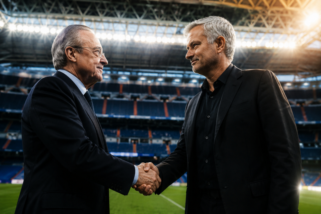 Florentino Pérez y José Mourinho durante el anuncio de su posible regreso al Real Madrid