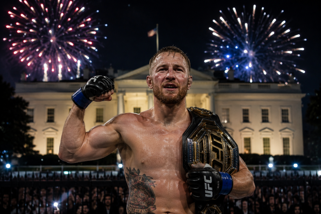 Justin Gaethje celebra con el cinturón de campeón de UFC frente a la Casa Blanca tras derrotar a Ilia Topuria