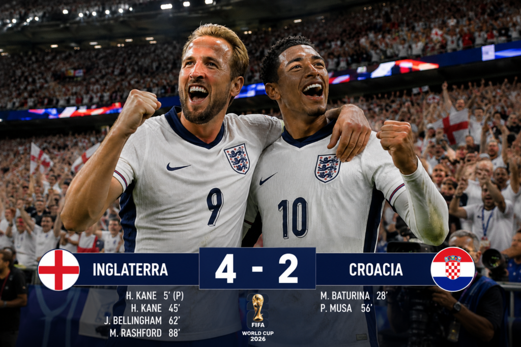 Harry Kane y Jude Bellingham celebrando un gol de Inglaterra frente a Croacia en el Mundial 2026