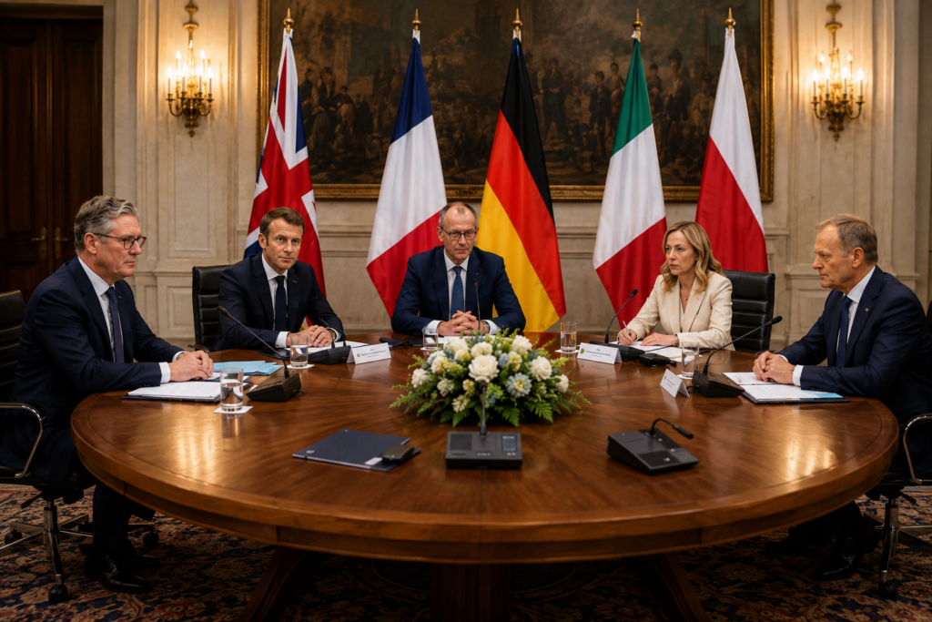 Líderes de Alemania, Francia, Italia, Reino Unido y Polonia durante la minicumbre de la OTAN celebrada en Berlín en 2026