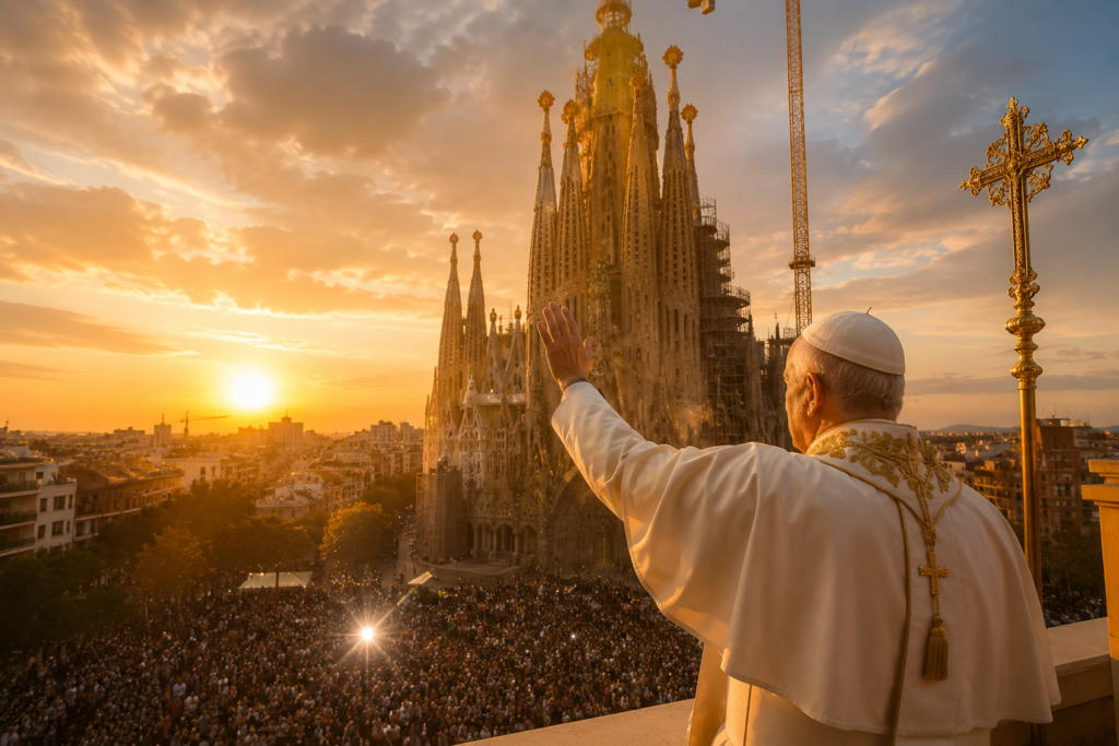 Papa León XIV durante la bendición de la Torre de Jesucristo en Barcelona