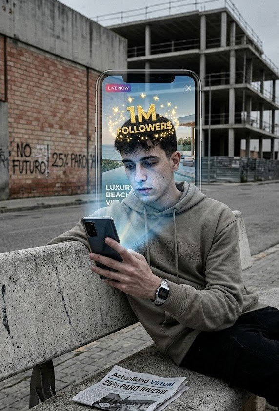 Unos jóvenes atrapados por las pantallas de sus móviles ignoran la cruda realidad social, representados por un chico en un banco frente a un edificio abandonado; un holograma digital promete éxito inmediato mientras un periódico detalla la crisis laboral que pone en riesgo el futuro de las pensiones.