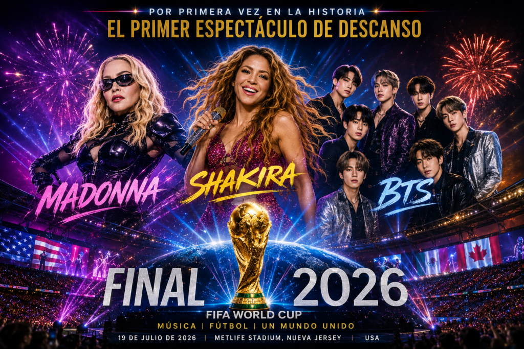 Cartel promocional del espectáculo de descanso de la final del Mundial 2026 con Shakira, Madonna, BTS y la Copa del Mundo