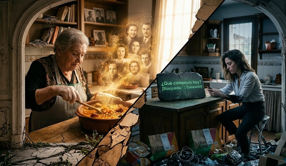 Ilustración conceptual dividida por que comemos hoy, una grieta que contrasta a una abuela cocinando un guiso tradicional rodeada de recuerdos familiares dorados, frente a una joven solitaria en una cocina moderna mirando su móvil entre bolsas de comida a domicilio.