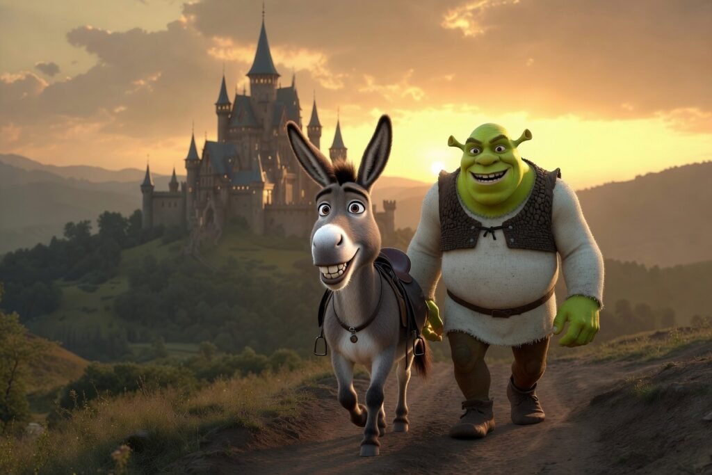 Shrek y Burro caminando hacia un castillo en la nueva película Shrek 5