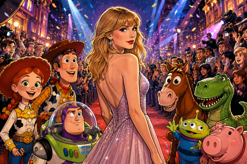 Ilustración editorial inspirada en Taylor Swift y el estreno internacional de Toy Story 5