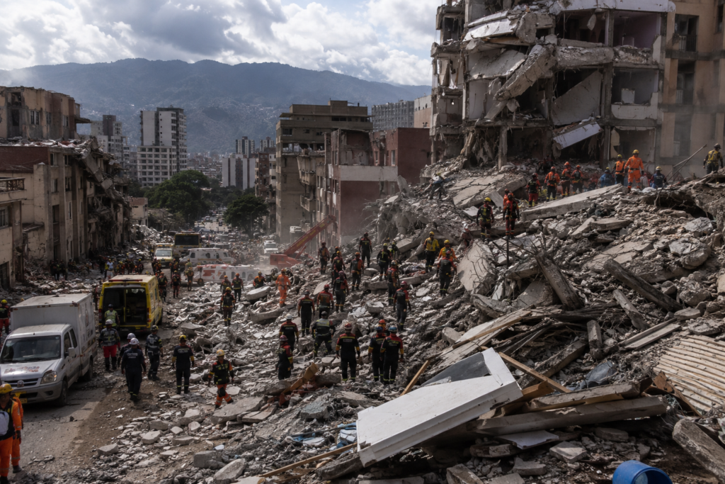 Terremoto en Venezuela 2026 con edificios dañados en Caracas y equipos de rescate