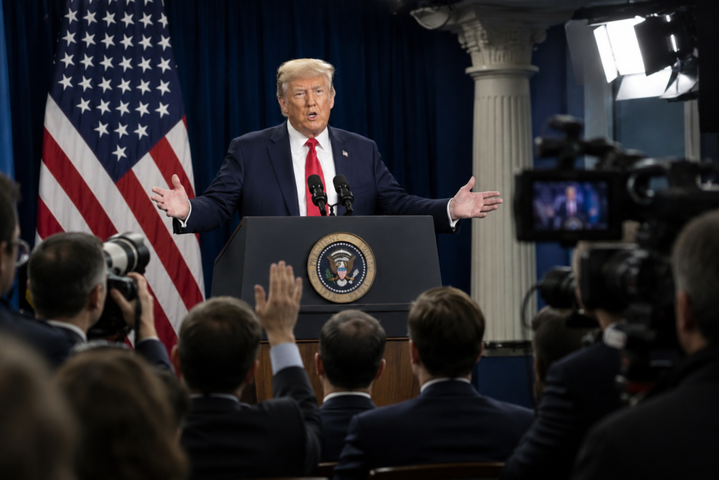Donald Trump ofreciendo explicaciones sobre las denuncias relacionadas con las elecciones en California durante una comparecencia pública