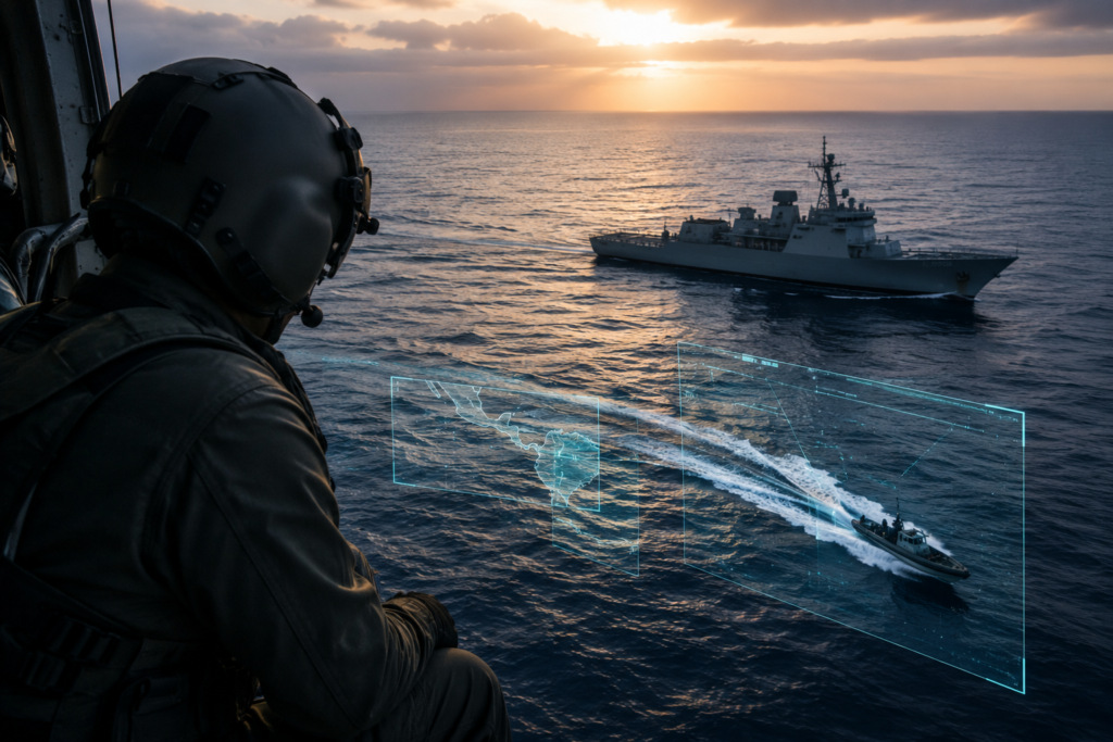 Sistema de vigilancia aérea y naval de Estados Unidos supervisando una embarcación sospechosa en el Pacífico durante una operación antidrogas