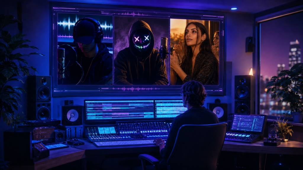 LOVIXX, ByZaPa y Flamenco Spirit en una recreación editorial sobre artistas digitales y música creada con IA en Spotify y YouTube