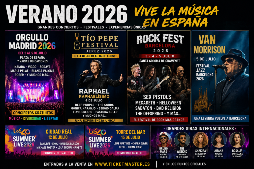 cartel de conciertos verano España 2026 con festivales y giras internacionales