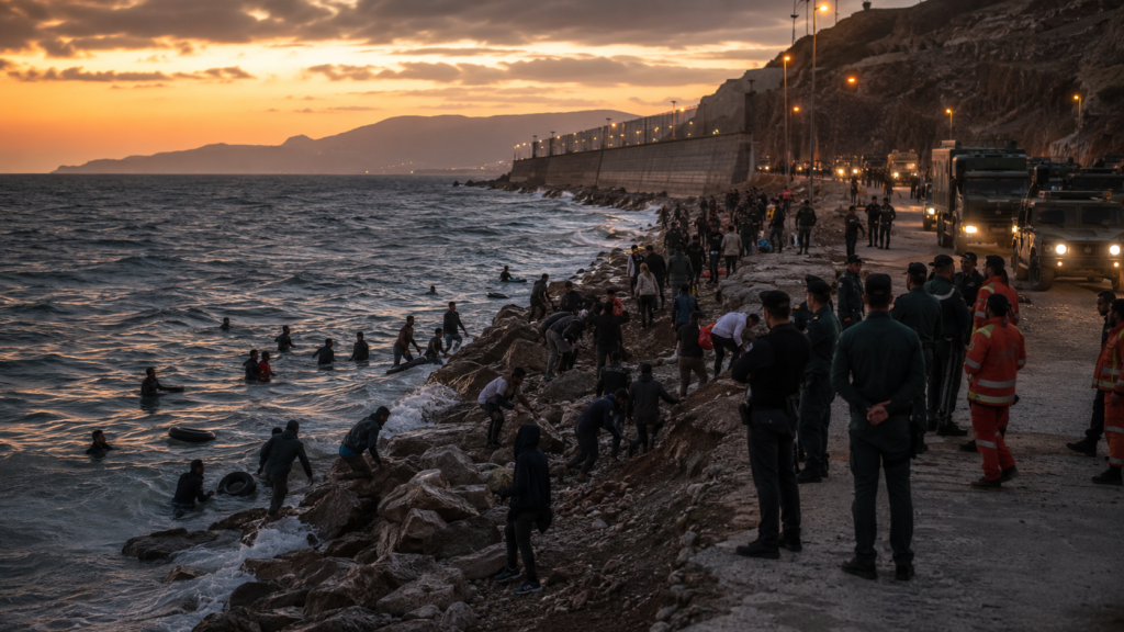 Crisis migratoria en Ceuta con migrantes cruzando el espigón del Tarajal y despliegue del Ejército