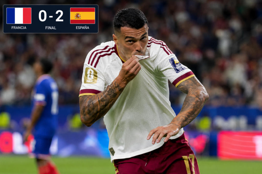 Pedro Porro celebra el 0-2 de España ante Francia y la clasificación para la final del Mundial 2026