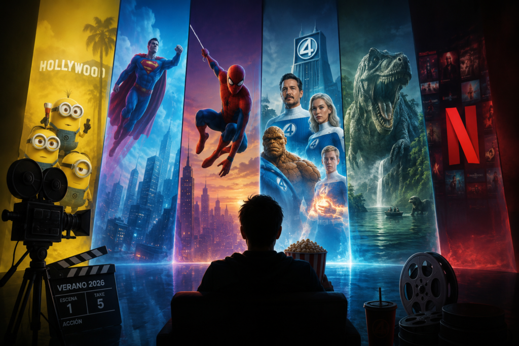 Montaje cinematográfico sobre los grandes estrenos de cine del verano de 2026 con películas de superhéroes, animación, aventuras y ciencia ficción.