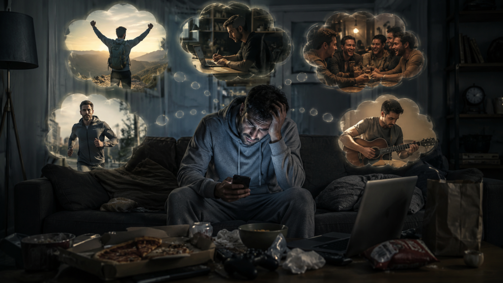 La comodidad nos está matando mientras un hombre solo en el sofá recuerda momentos felices y productivos