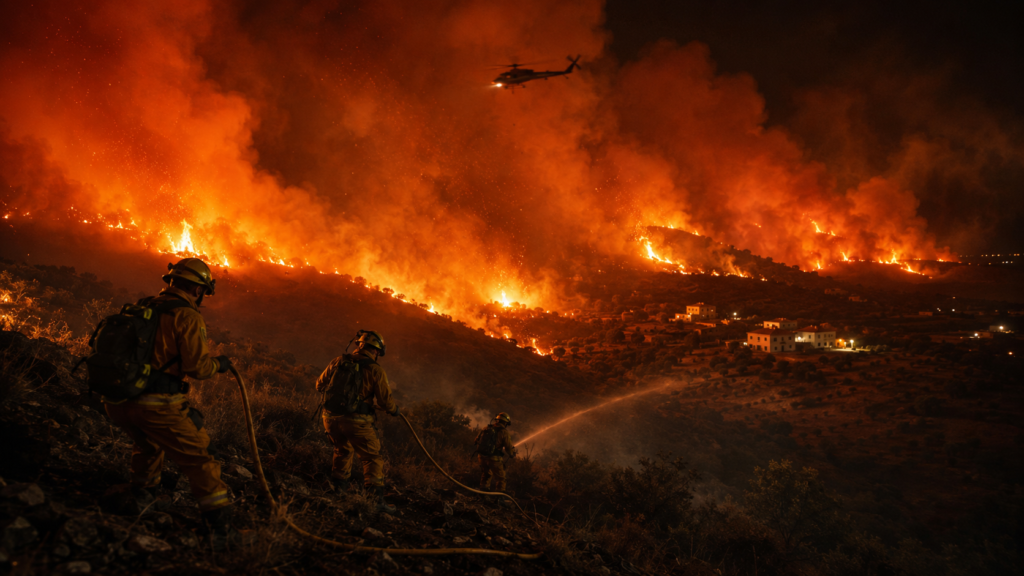 Incendio de Los Gallardos en Almería con bomberos trabajando contra las llamas