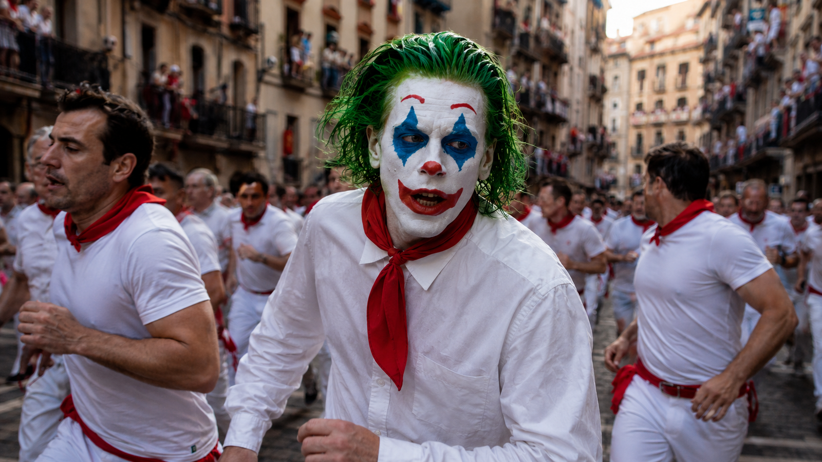 Joker de San Fermín caracterizado antes del encierro de Pamplona