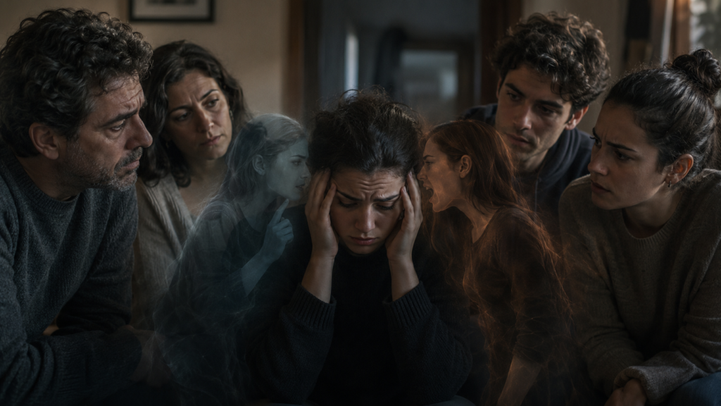 Miedo a equivocarse por el qué dirán con una persona agobiada entre familiares y voces internas