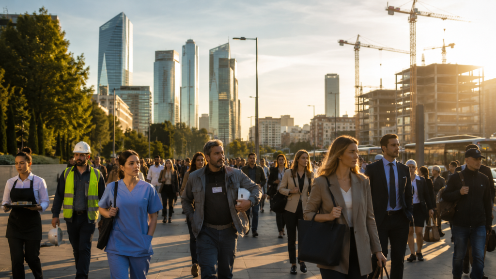 Paro en España 2026 con trabajadores iniciando su jornada laboral