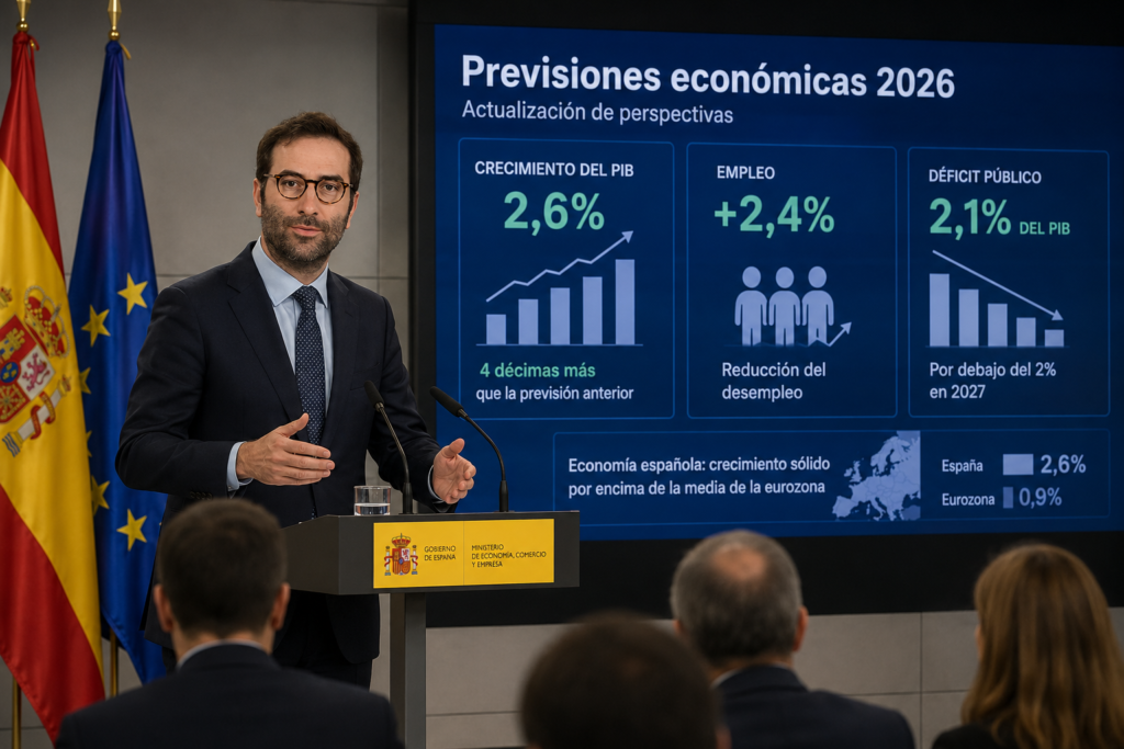 Carlos Cuerpo durante la presentación de las previsiones económicas de España para 2026 con una previsión de crecimiento del PIB del 2,6%