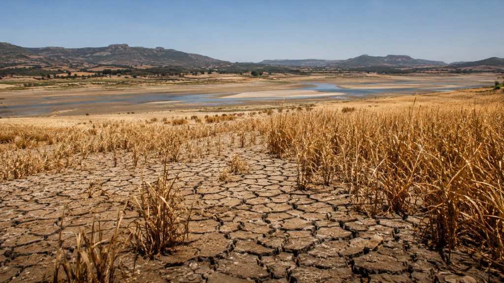 Sequía en Europa 2026 con campos secos y un río afectado por el calor extremo
