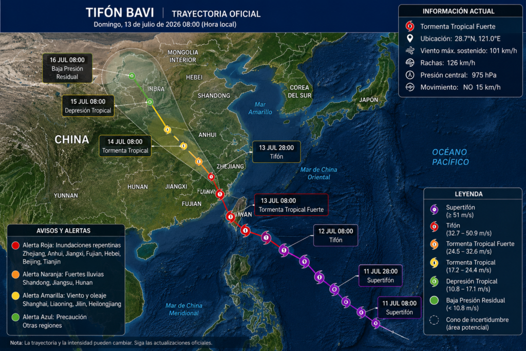Mapa meteorológico de la trayectoria del tifón Bavi hacia Zhejiang y el este de China