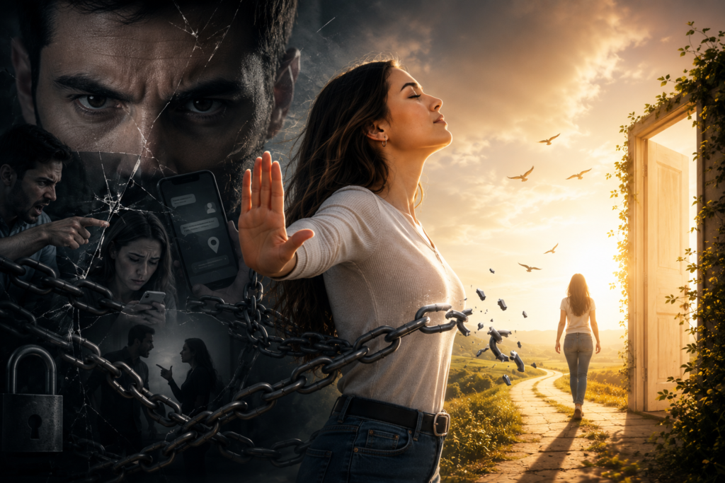 Mujer rompiendo cadenas y liberándose de una relación marcada por los celos, el miedo y el control