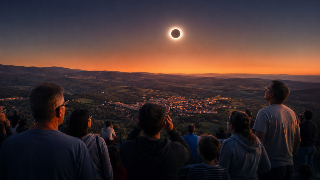 Eclipse solar total España 2026 observado al atardecer desde una zona elevada