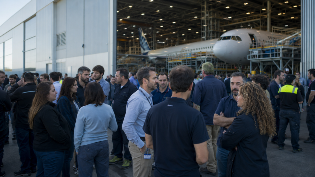 Huelga Airbus España y trabajadores ante una planta aeroespacial