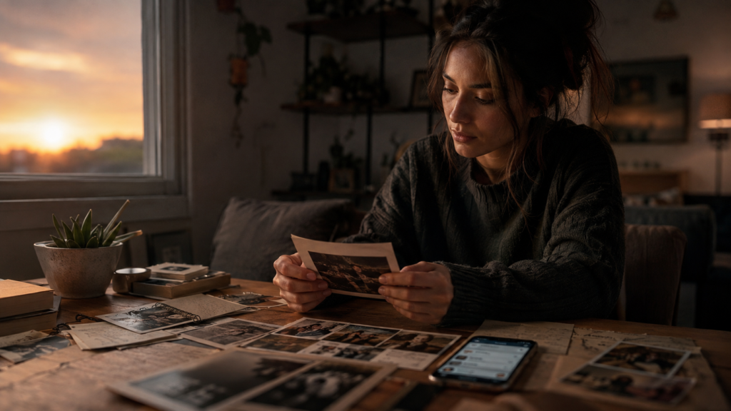 Mujer recordando antiguas amistades al perder amigos al madurar entre fotografías, cartas y recuerdos