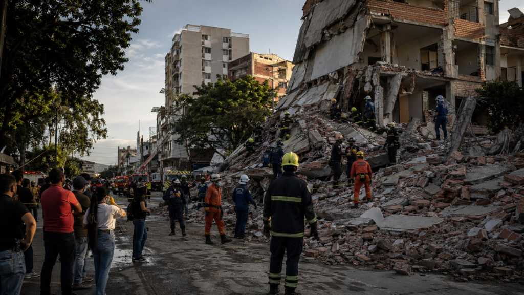 Terremoto en Colombia 2026 con equipos de rescate entre edificios dañados en Cali