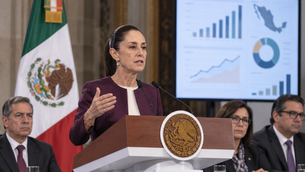 Claudia Sheinbaum durante una presentación sobre el presupuesto de México 2027 y las previsiones de crecimiento económico