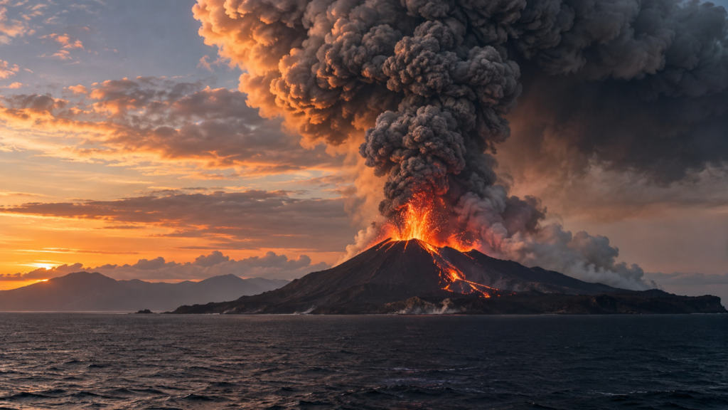 Erupción Anak Krakatau en Indonesia con una gran nube de ceniza volcánica