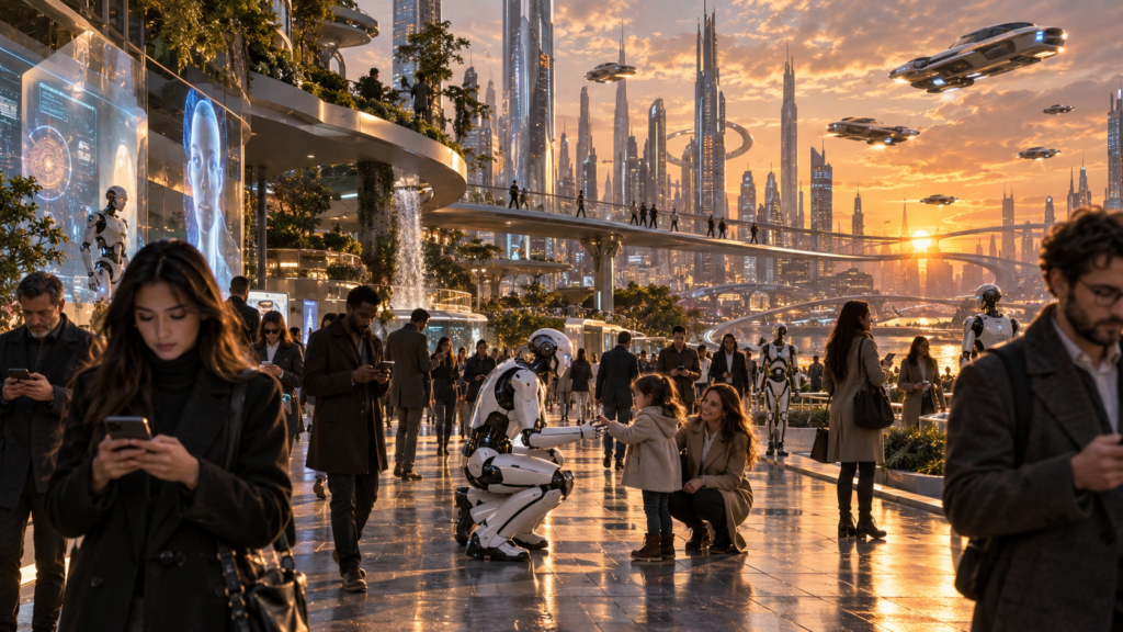 Impacto de la IA en la sociedad en una ciudad del futuro con robots, coches voladores y personas conectadas