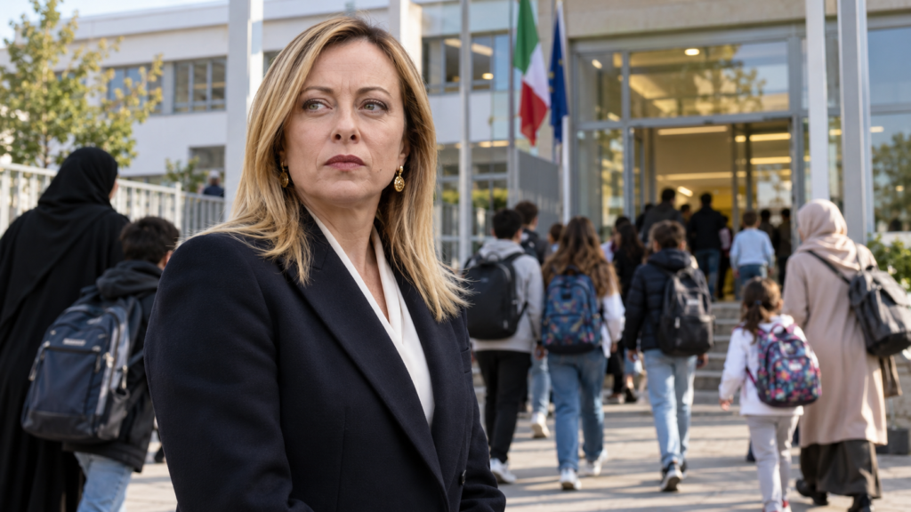 Giorgia Meloni ante una escuela por la propuesta sobre el burka en escuelas de Italia