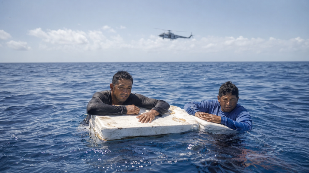 Pescadores mexicanos sobre una nevera tras cinco días a la deriva en el Pacífico