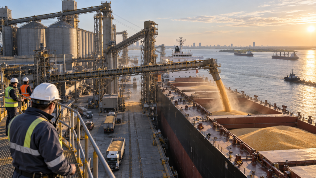 Récord de exportaciones de maíz de Argentina con un buque cargando cereal en el río Paraná
