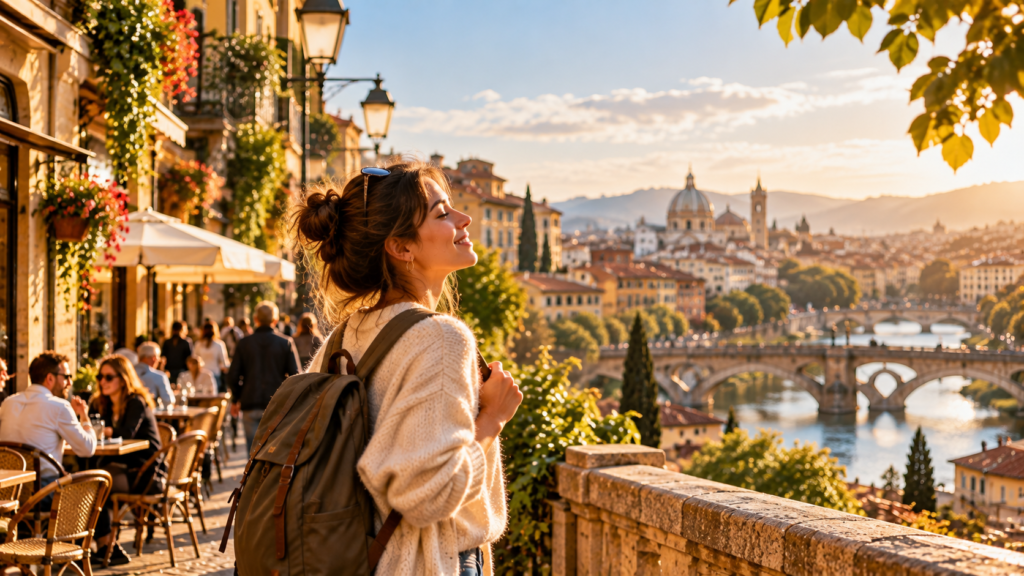 Viajera haciendo turismo, y sintiéndose en casa en otra ciudad lejos de su hogar