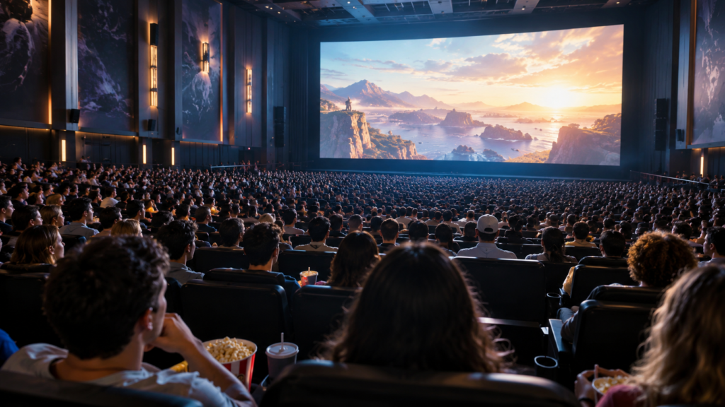 Taquilla Hollywood 2026 con público joven llenando una gran sala de cine