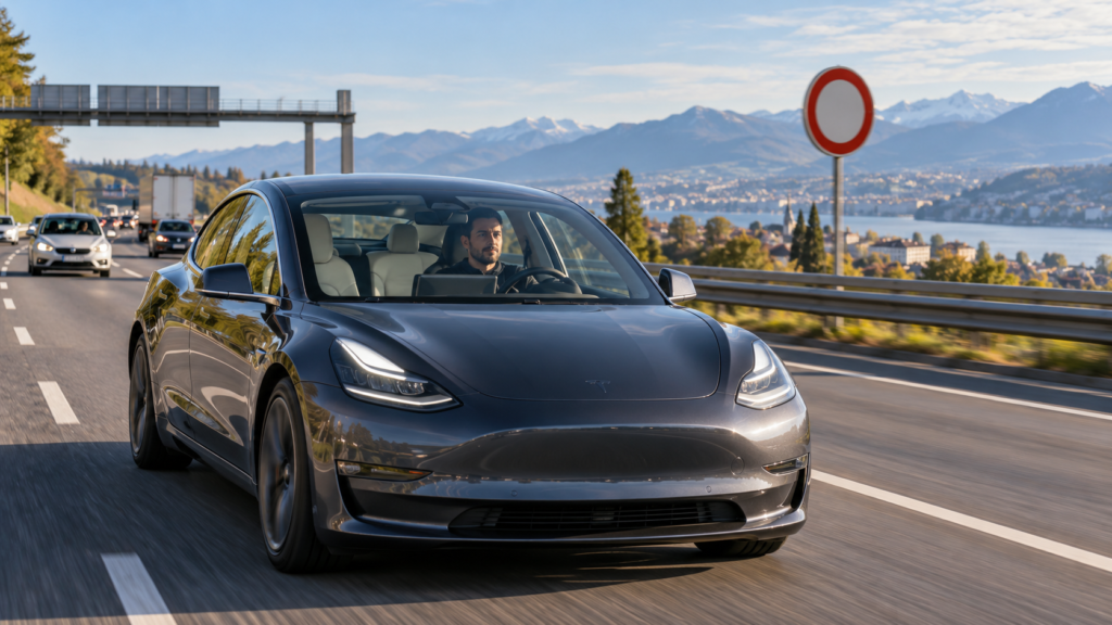 Tesla FSD Europa durante una prueba de conducción asistida en una carretera europea