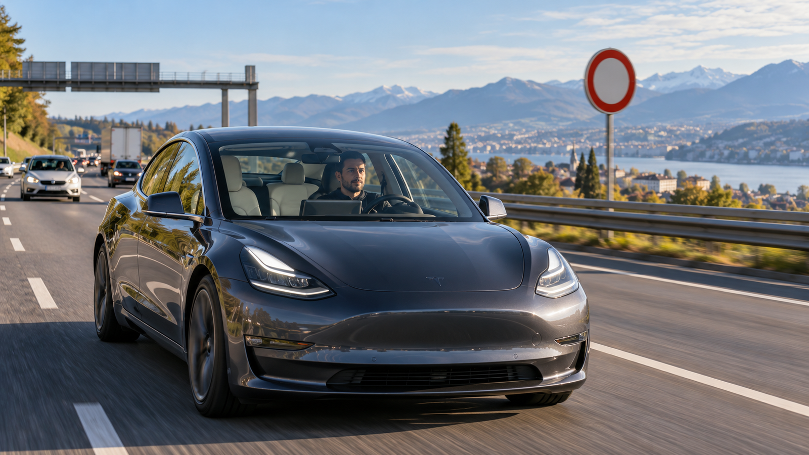 Tesla FSD Europa durante una prueba de conducción asistida en una carretera europea