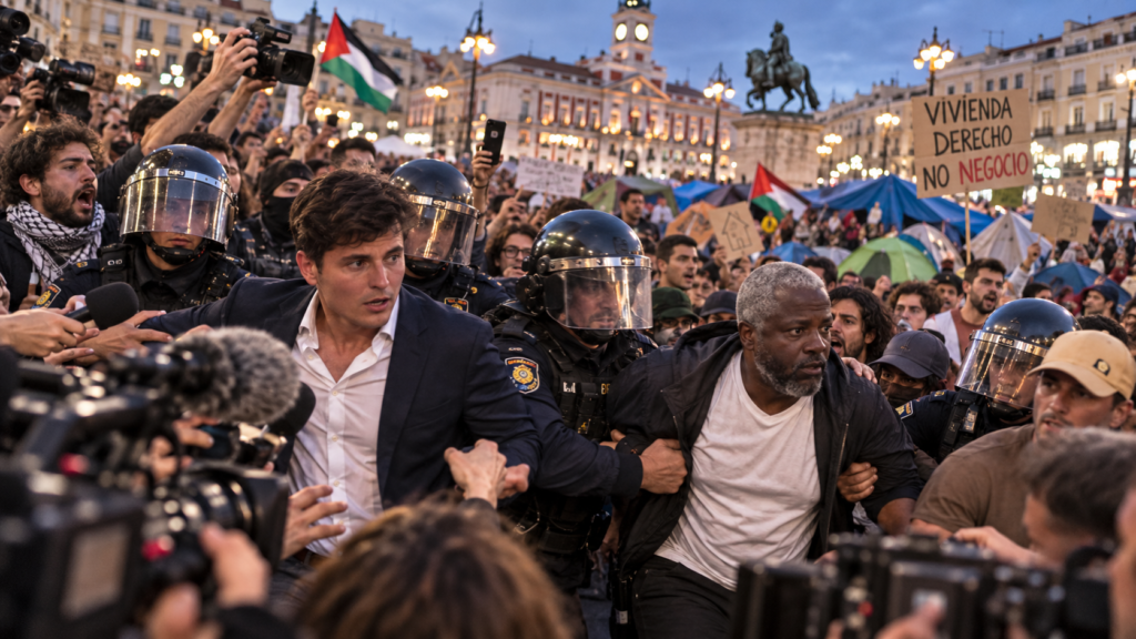 Vito Quiles y Bertrand Ndongo durante los incidentes en la protesta por la vivienda en Puerta del Sol